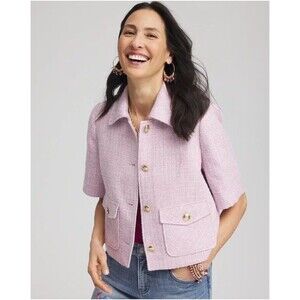 Chico’s Cropped Lilac Tweed Jacket Short Sleeve Size 2 / Large NWT tags was$159